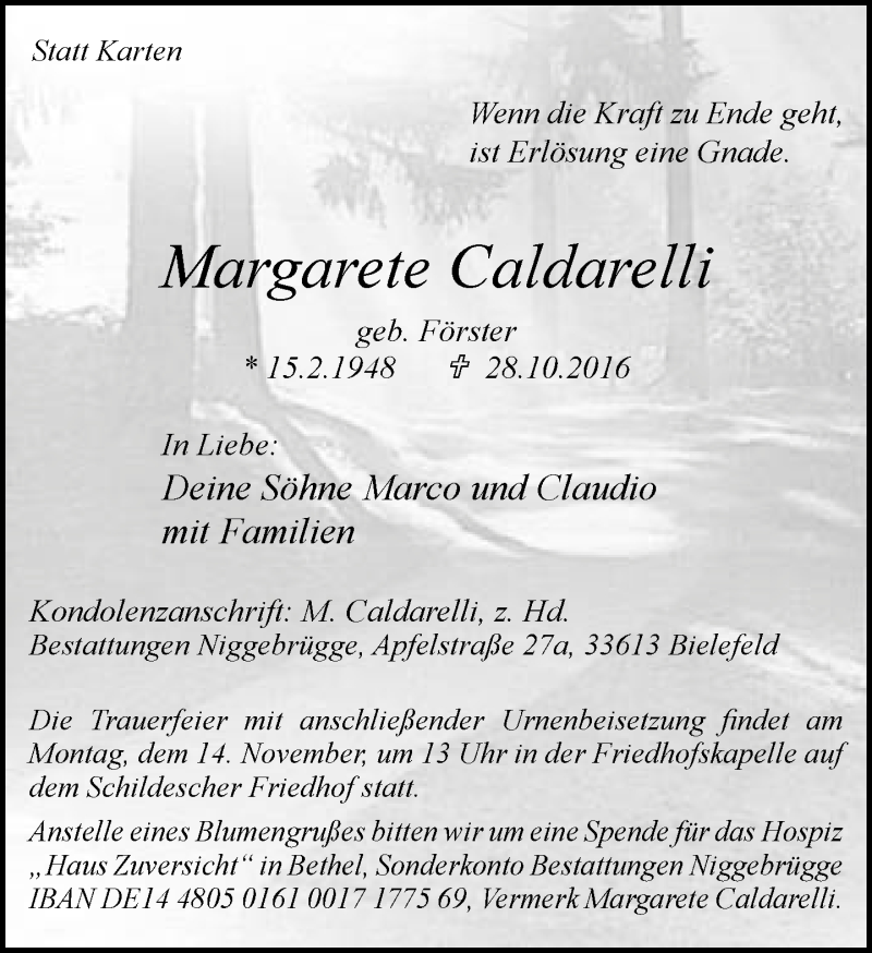  Traueranzeige für Margarete Caldarelli vom 05.11.2016 aus Neue Westfälische