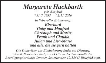 Traueranzeige von Margarete Hackbarth von Neue Westfälische