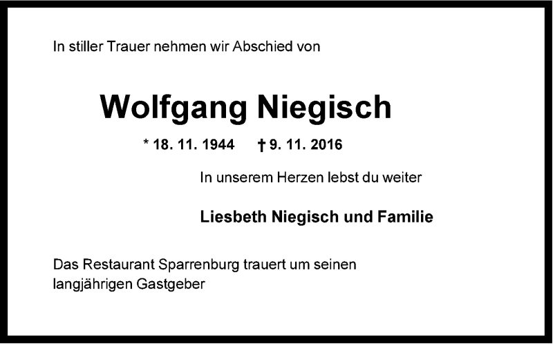  Traueranzeige für Wolfgang Niegisch vom 19.11.2016 aus Neue Westfälische