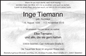 Traueranzeige von Inge Tiemann von Neue Westfälische