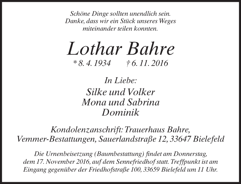  Traueranzeige für Lothar Bahre vom 12.11.2016 aus Neue Westfälische