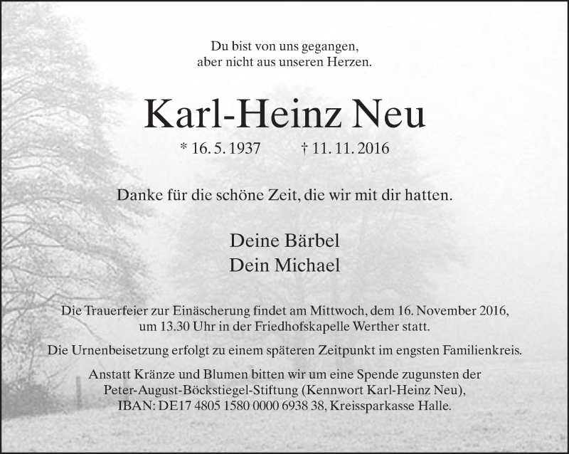  Traueranzeige für Karl-Heinz Neu vom 14.11.2016 aus Neue Westfälische