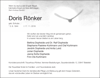 Traueranzeige von Doris Rönker von Neue Westfälische