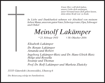 Traueranzeige von Meinolf Lakämper von Neue Westfälische