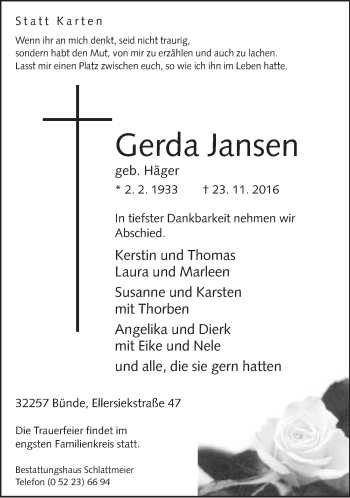 Traueranzeige von Gerda Jansen von Neue Westfälische