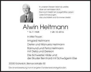 Traueranzeige von Alwin Heitmann von Neue Westfälische