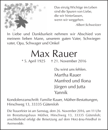 Traueranzeige von Max Rauer von Neue Westfälische