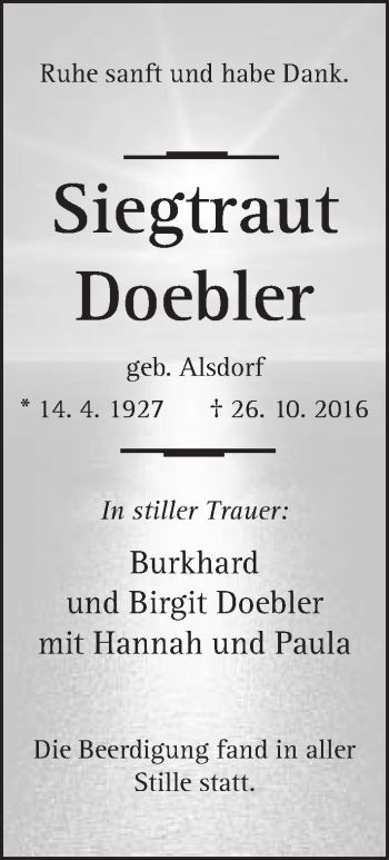 Traueranzeige von Siegtraut Doebler von Neue Westfälische