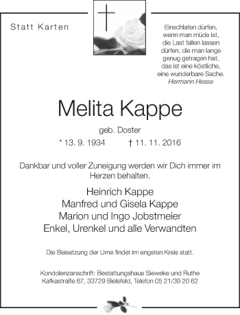 Traueranzeige von Melita Kappe von Neue Westfälische