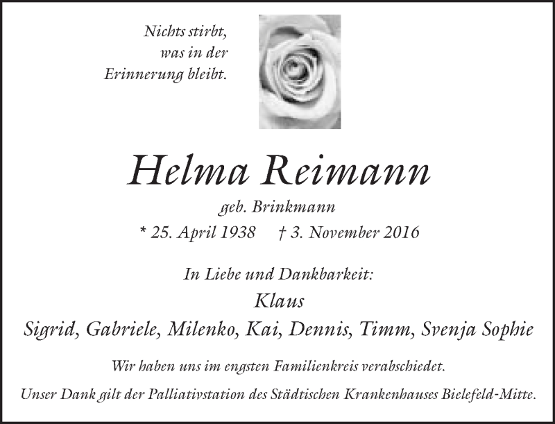  Traueranzeige für Helma Reimann vom 09.11.2016 aus Neue Westfälische