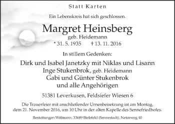 Traueranzeige von Margret Heinsberg von Neue Westfälische