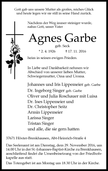 Traueranzeige von Agnes Garbe von Neue Westfälische