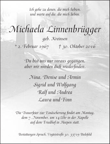 Traueranzeige von Michaela Linnenbrügger von Neue Westfälische