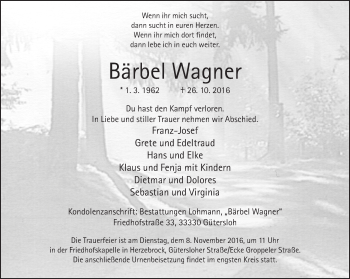 Traueranzeige von Bärbel Wagner von Neue Westfälische