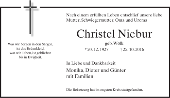 Traueranzeige von Christel Niebur von Neue Westfälische