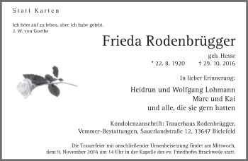 Traueranzeige von Frieda Rodenbrügger von Neue Westfälische