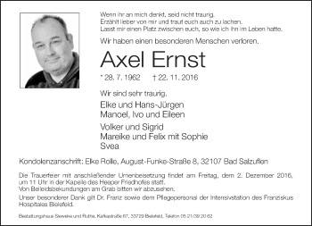 Traueranzeige von Axel Ernst von Neue Westfälische