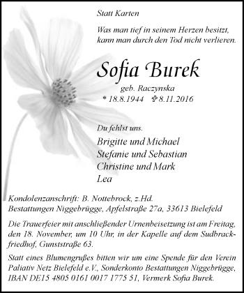 Traueranzeige von Sofia Burek von Neue Westfälische