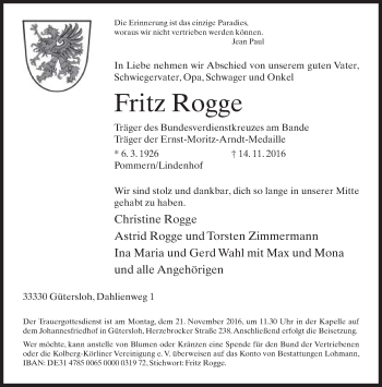 Traueranzeige von Fritz Rogge von Neue Westfälische