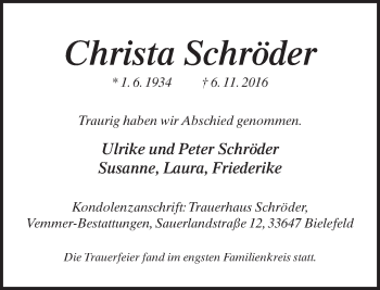 Traueranzeige von Christa Schröder von Neue Westfälische