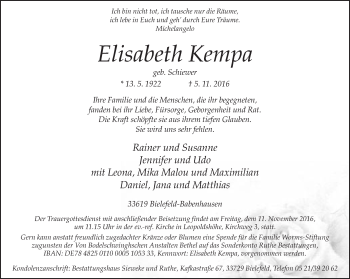 Traueranzeige von Elisabeth Kempa von Neue Westfälische