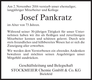 Traueranzeige von Josef Pankratz von Neue Westfälische