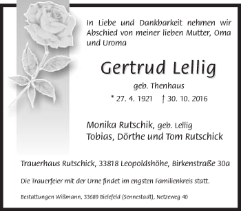 Traueranzeige von Gertrud Lellig von Neue Westfälische