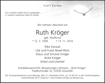 Traueranzeige von Ruth Kröger von Neue Westfälische