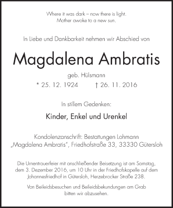 Traueranzeige von Magdalena Ambratis von Neue Westfälische