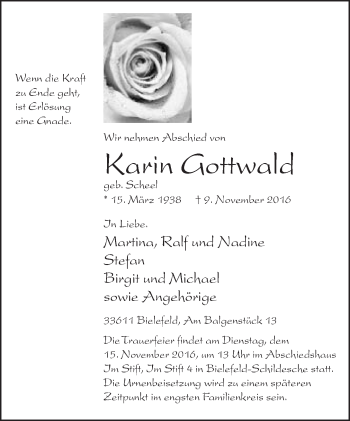 Traueranzeige von Karin Gottwald von Neue Westfälische