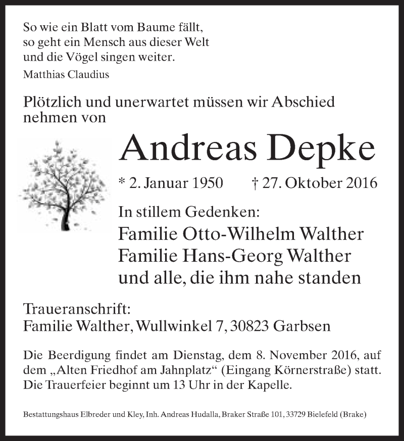  Traueranzeige für Andreas Depke vom 05.11.2016 aus Neue Westfälische
