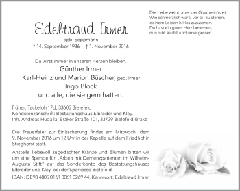 Traueranzeige von Edeltraud Irmer von Neue Westfälische