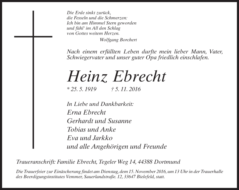  Traueranzeige für Heinz Ebrecht vom 12.11.2016 aus Neue Westfälische