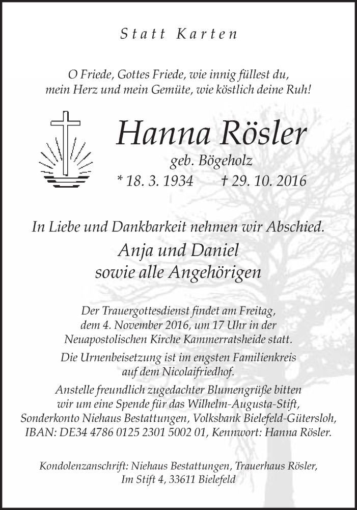  Traueranzeige für Hanna Rösler vom 01.11.2016 aus Neue Westfälische