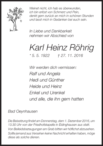 Traueranzeige von Karl Heinz Röhrig von Neue Westfälische