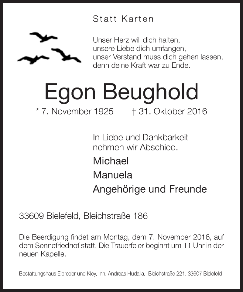 Traueranzeige für Egon Beughold vom 04.11.2016 aus Neue Westfälische