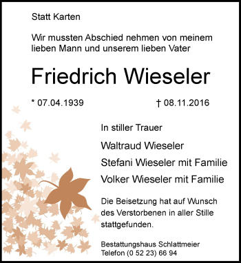Traueranzeige von Friedrich Wieseler von Neue Westfälische