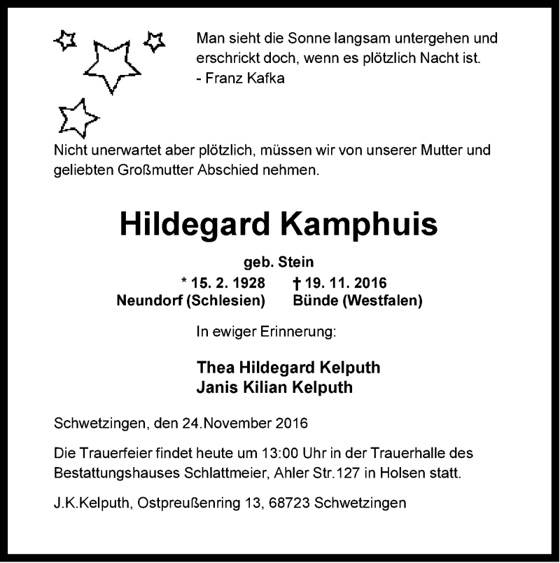  Traueranzeige für Hildegard Kamphuis vom 24.11.2016 aus Neue Westfälische