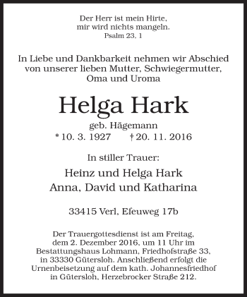 Traueranzeige von Helga Hark von Neue Westfälische