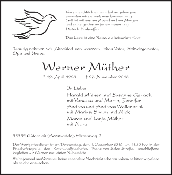 Traueranzeige von Werner Müther von Neue Westfälische