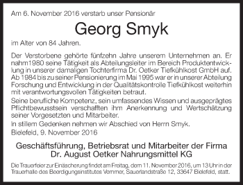 Traueranzeige von Georg Smyk von Neue Westfälische