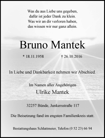 Traueranzeige von Bruno Mantek von Neue Westfälische