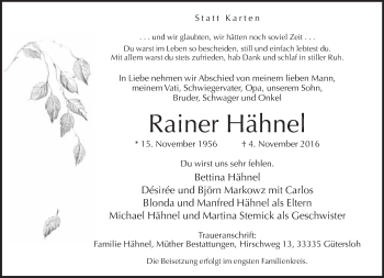 Traueranzeige von Rainer Hähnel von Neue Westfälische