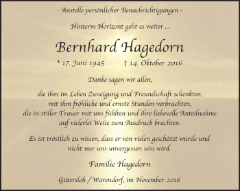 Traueranzeige von Bernhard Hagedorn von Neue Westfälische