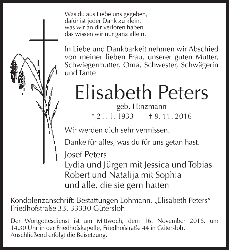  Traueranzeige für Elisabeth Peters vom 12.11.2016 aus Neue Westfälische