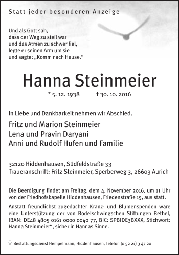 Traueranzeige von Hanna Steinmeier von Neue Westfälische