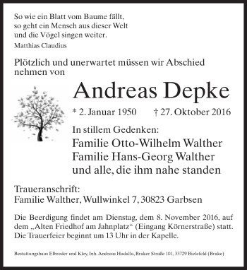 Traueranzeige von Andreas Depke von Neue Westfälische