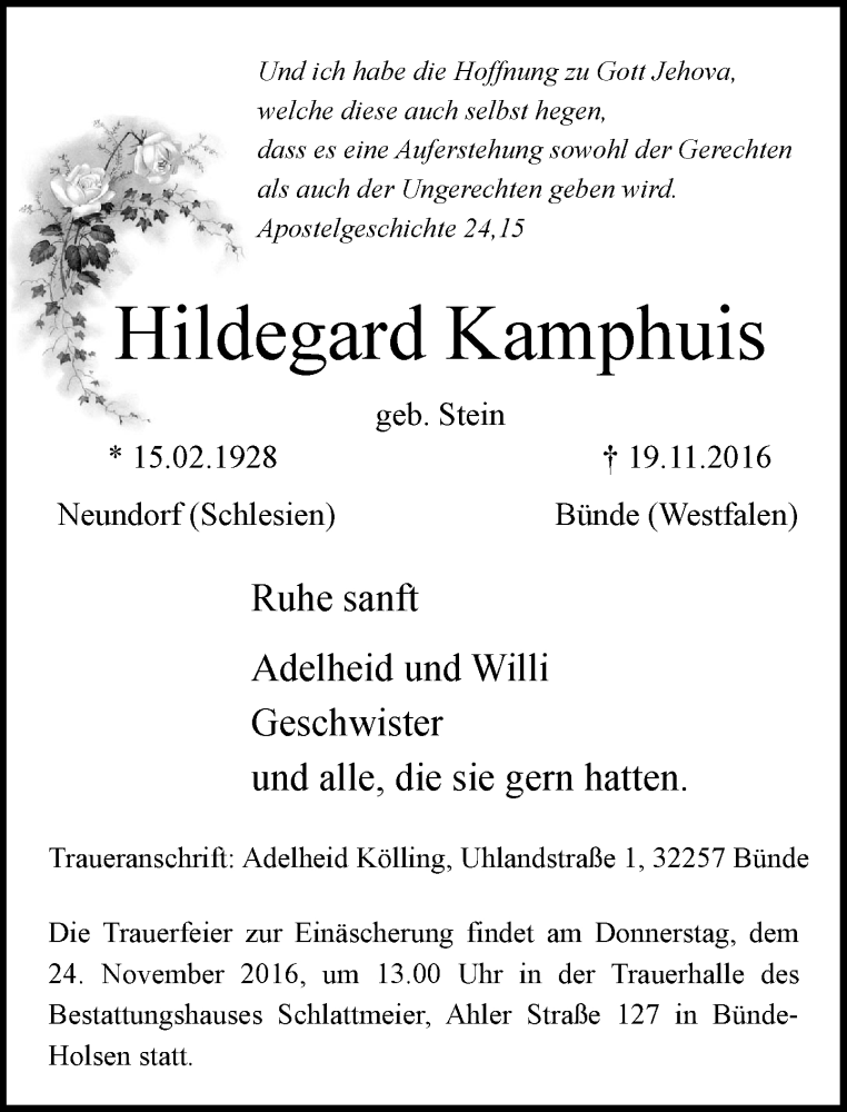  Traueranzeige für Hildegard Kamphuis vom 22.11.2016 aus Neue Westfälische