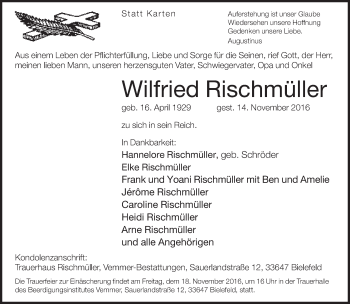 Traueranzeige von Wilfried Rischmüller von Neue Westfälische