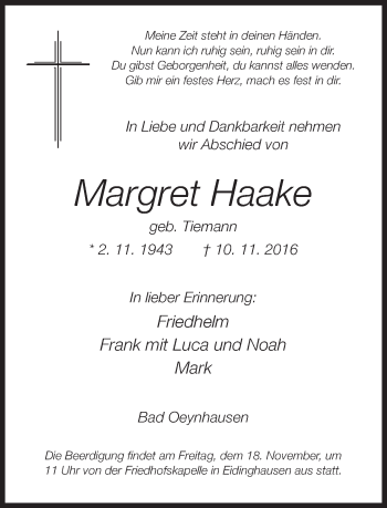 Traueranzeige von Margret Haake von Neue Westfälische